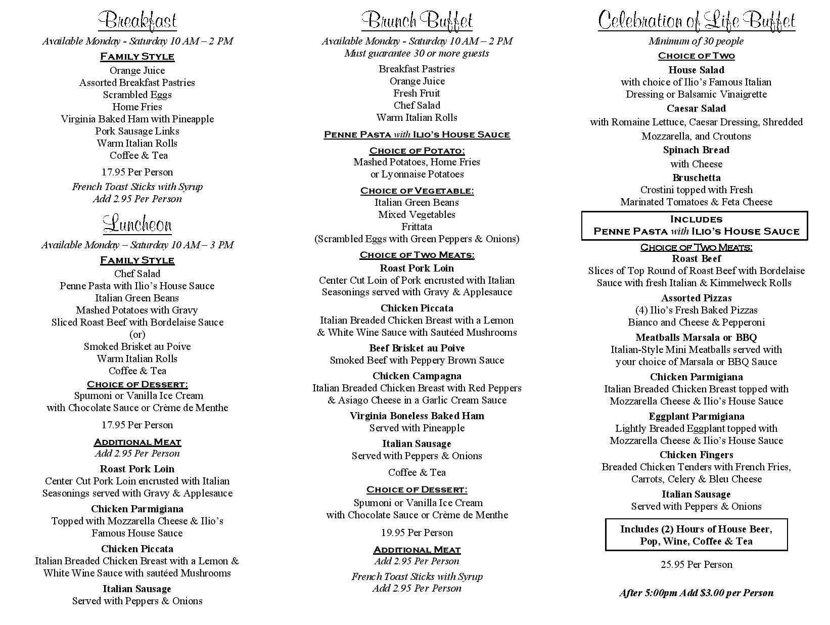 Memorial & Funeral Menu Ilio DiPaolo's Restaurant & Banquet Facility