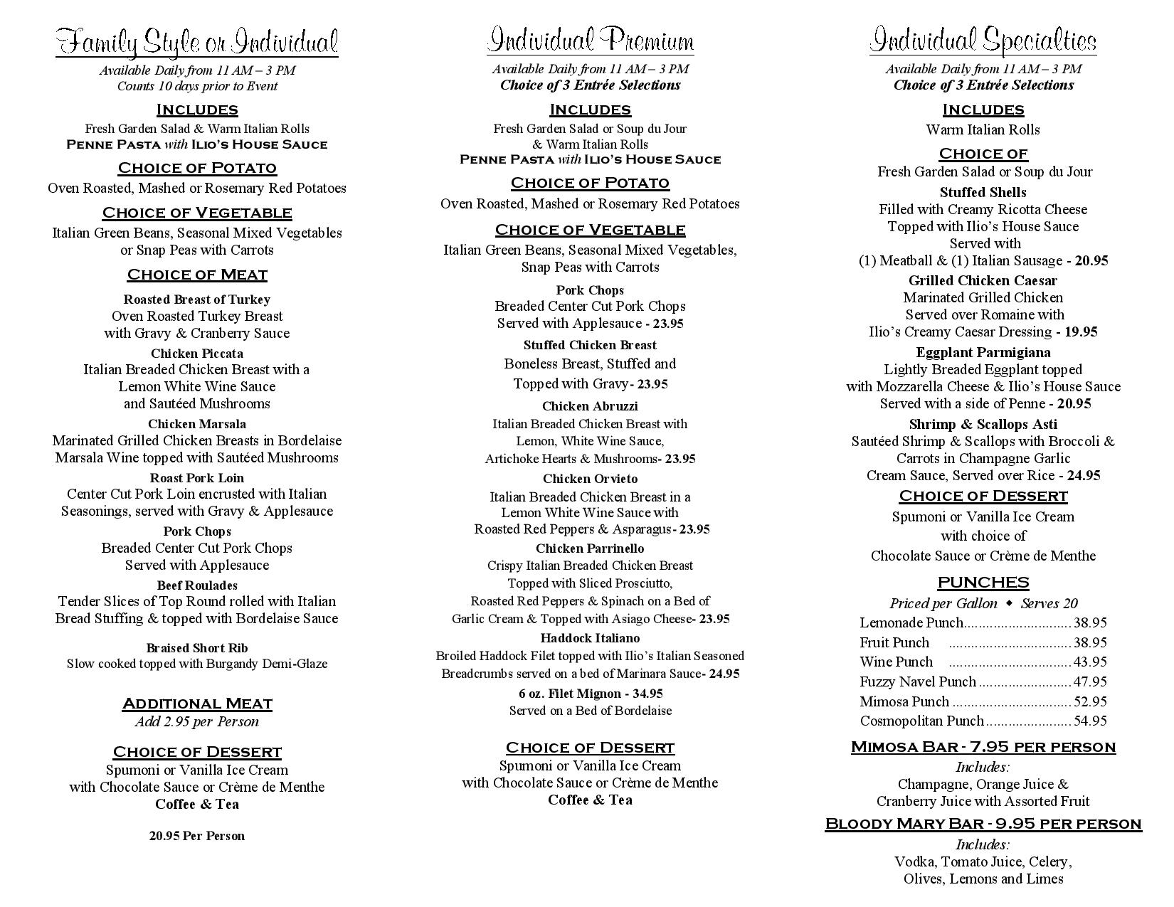 Banquet Luncheon Menu | Ilio DiPaolo's Restaurant & Banquet Facility